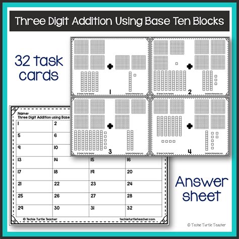 3 Digit Addition Using Base Ten Blocks Strategy Task Cards Made By Teachers