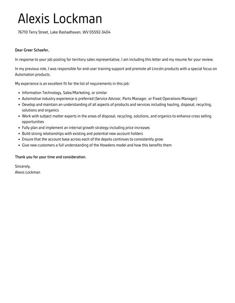 Territory Sales Representative Cover Letter Velvet Jobs