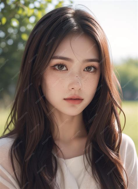 Premium Photo | A woman with long brown hair and freckled eyes posing ...