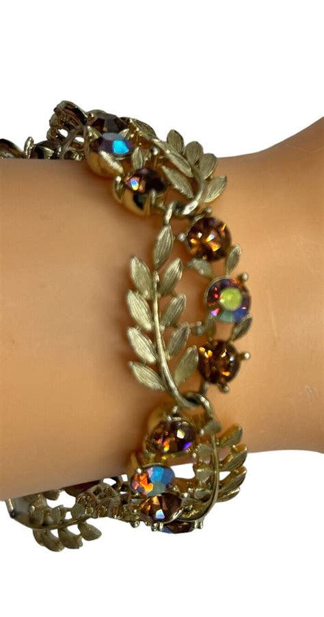 VINTAGE LISNER AB Cognac Rhinestone Gold Tone Leaves Gem