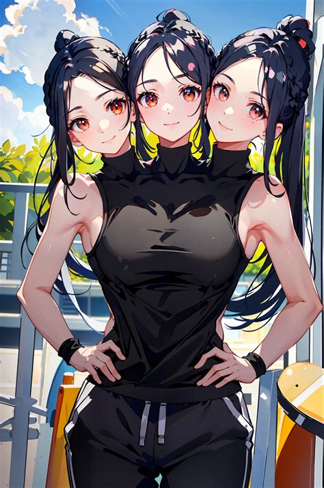 Anime Girl With Long Hair And Two Other Girls Standing Next To Each