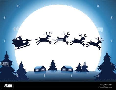 Santa And Reindeer Silhouette Moon