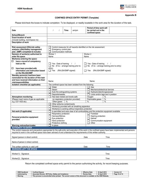 Confined Spaces Entry Permit Doc