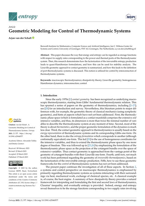 Pdf Geometric Modeling For Control Of Thermodynamic Systems