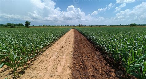Lush Green Cornfield Divided by Two Soil Paths 57934082 Stock Photo at
