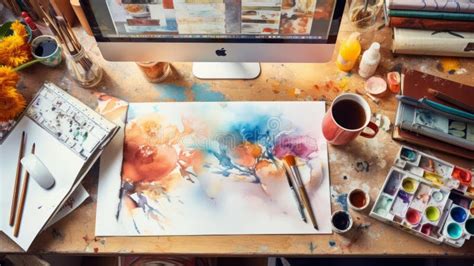 Artist S Workspace With Canvas And Paints And Art Supplies Stock