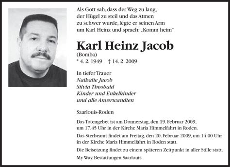 Traueranzeigen Von Karl Heinz Jacob Saarbruecker Zeitung Trauer De