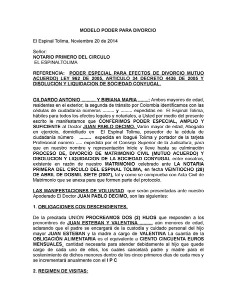 Poder Divorcio Ante Notario MODELO PODER PARA DIVORCIO El Espinal