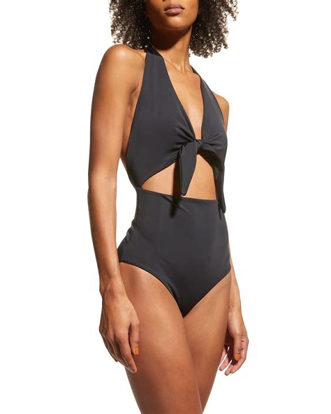 Mara Hoffman Maddy Tie Front Cutout One Piece Halter Swimsuit Neiman