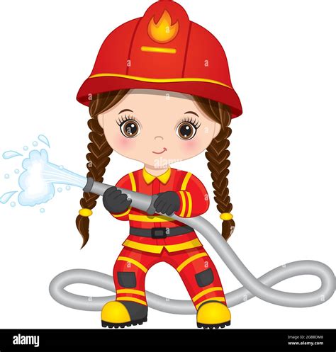 Cute Little Brunette Firefighter Girl Holding Fire Hose Vector