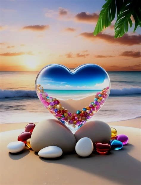 A Heart Shaped Glass Sculpture Sitting On Top Of A Sandy Beach Next To