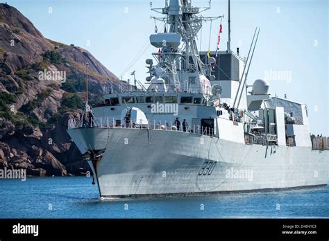 The Hmsc Halifax Frigate Warship Sailing Into St Johns Harbour After