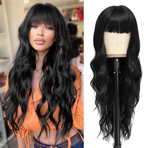 Nayoo Black Wigs With Bangs For Women Long Curly Wavy Hair