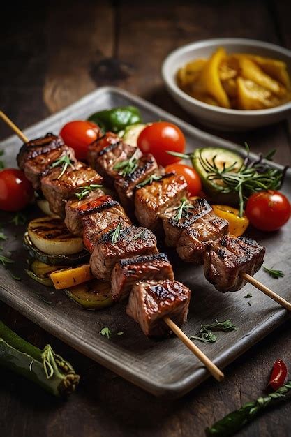 Premium Photo Grilled Meat And Vegetables On Rustic Skewers