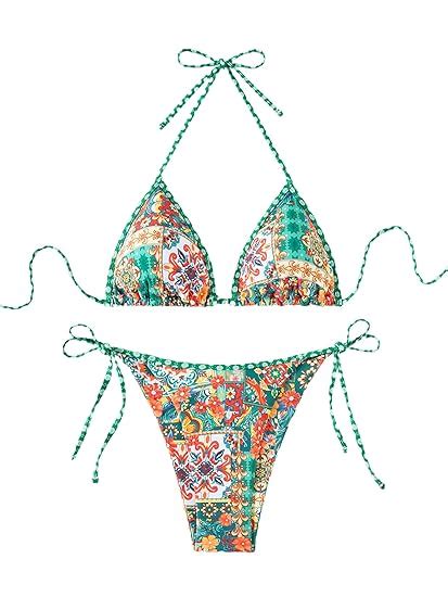 Amazon Beaudrm Women S Piece Floral Bikini Boho Halter Triangle Bikini Set Tie Back