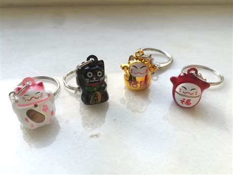 Japanese Lucky Cat Keychain Netsuke Bell Charm Amulet For Etsy