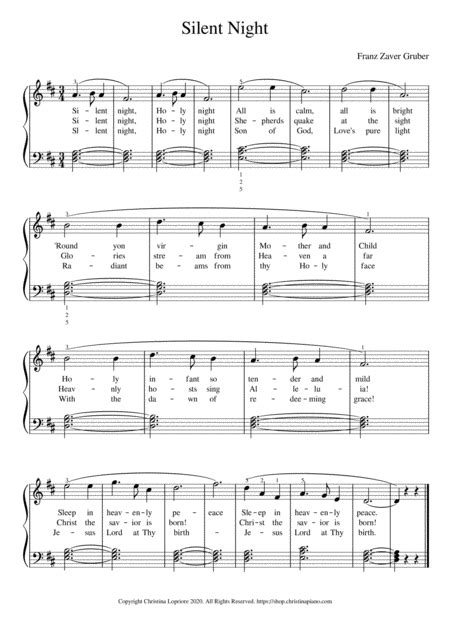 Silent Night Easy Piano Sheet Music Download With Lyrics In D Major Arr Christina Lopriore By