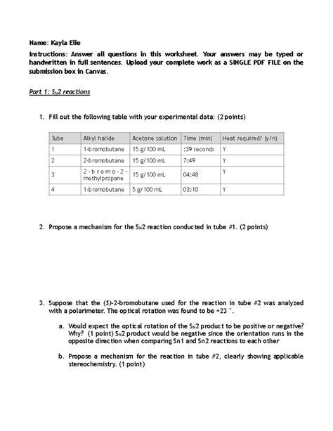 Nucleophilic Substitution Worksheet Name Kayla Elie Instructions