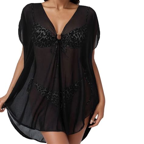 Women Ring Linked Sheer Mesh Cover Up Dress Cover Up Mini Dress Beach Wrap Bikini Shiny Wraps