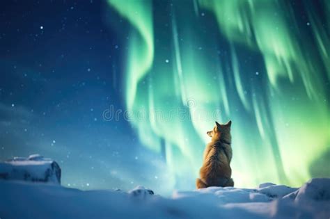 Fox Gazing at Northern Lights Stock Illustration - Illustration of ...