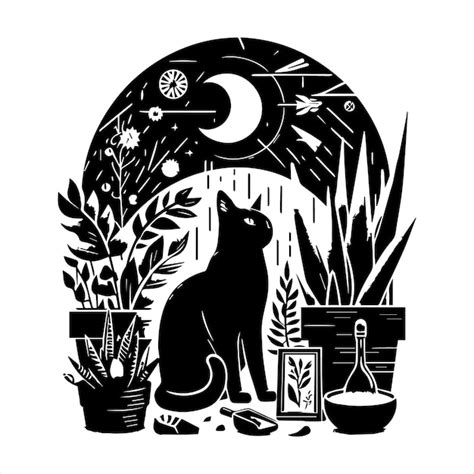 Un Dibujo En Blanco Y Negro De Un Gato Y Una Planta Con La Luna En El