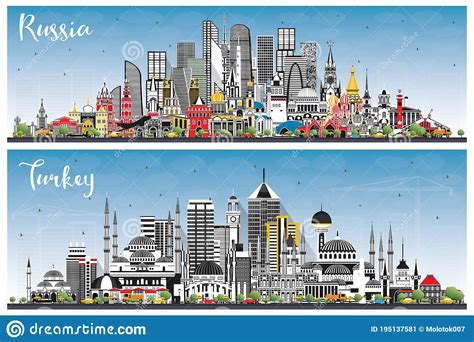 Russia And Turkey City Skylines With Gray Buildings And Blue Sky Stock