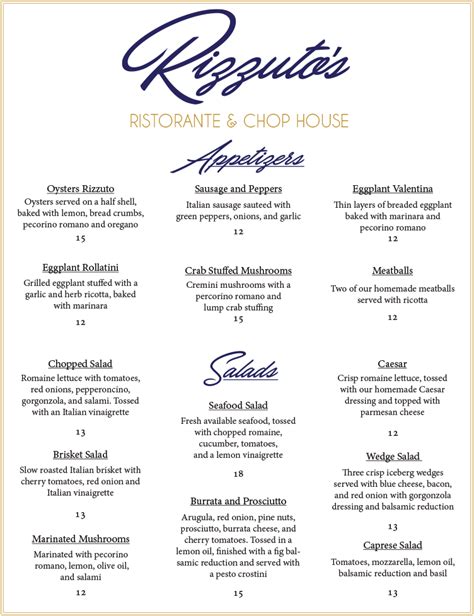 Rizzuto's Ristorante & Chop House | Menu | NewOrleansRestaurants.com