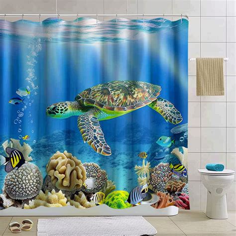 Hyperrealistic Turtle Swimming Shower Curtain Set Bright Blue Ocean