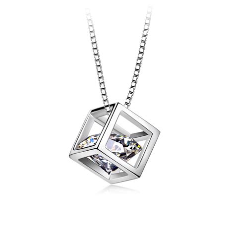 Square Pendant Necklace For Lady White Gold Color Luxury Sterling