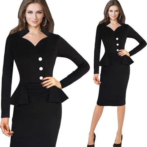 Elegant Business Women Office Pencil Dress Square Neck Long Sleeve