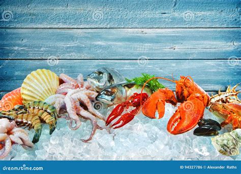 Fresh Seafood On Crushed Ice Stock Photo Image Of Mediterranean