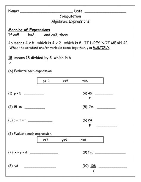 Algebraic Expressions Worksheet Live Worksheets