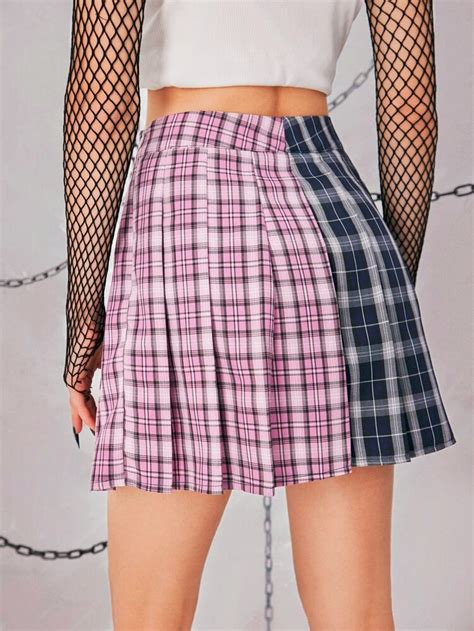 ROMWE Grunge Punk Plaid Print Colorblock Pleated Skirt SHEIN USA