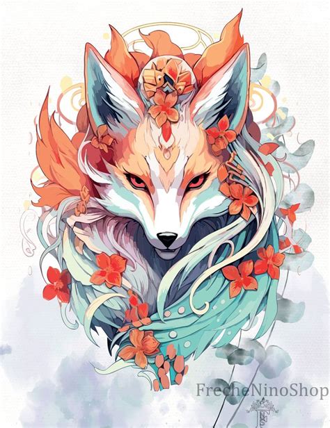 Kitsune Svg Japanese Fox Svg Floral Fox Svg Anime Fox Png Fox Head Svg