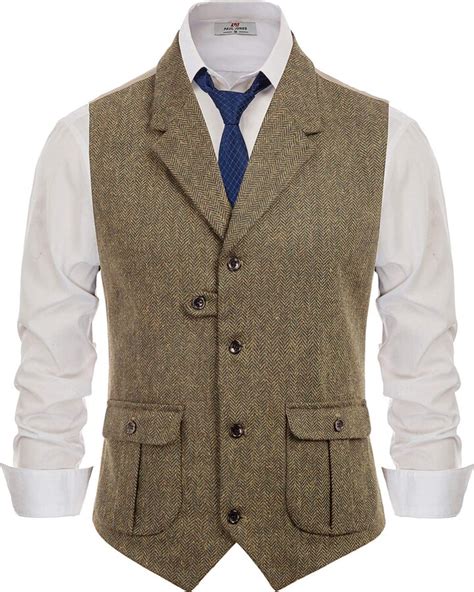 Pj Paul Jones Men S Herringbone Tailored Collar Waistcoat Wool Tweed