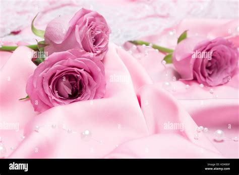 Pink Roses On Folded Silk Fabric With White Bead Strand Romantic