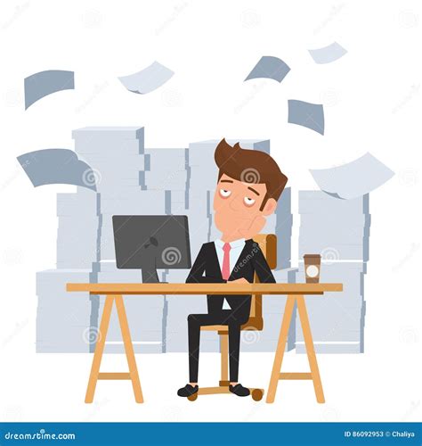 Tired Businessman Sitting At Office Desk And Pile Of Paper Work Tired