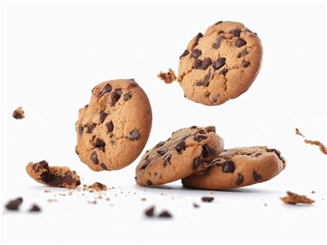 Tasty Chocolate Chip Cookies Falling Isolated On White Background