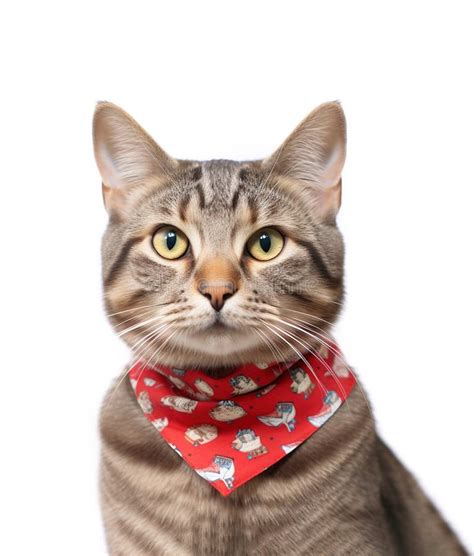 Charming Cat In A Bandana Around His Neck On A White Background Stock