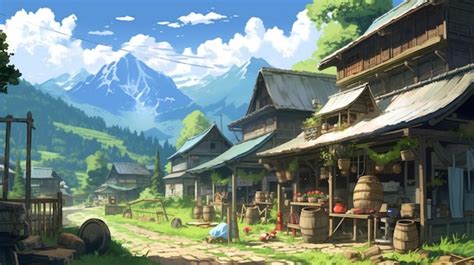 Premium Ai Image Anime Village With A Mountain In The Background