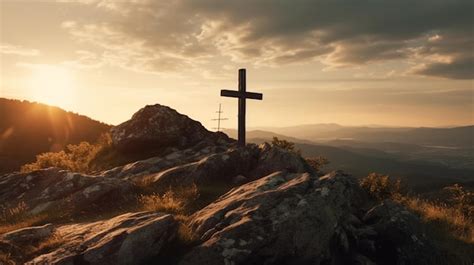 Uma Cruz Em Uma Montanha O Sol Se Pondo Atr S Dela Foto Premium