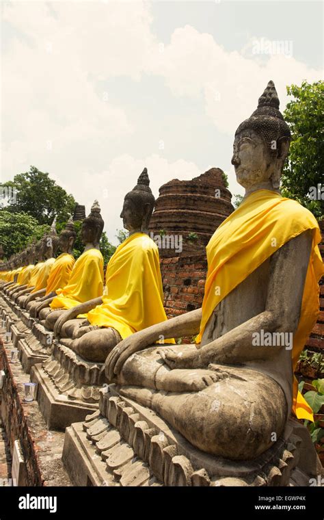 Rows Of Buddha Images In Wat Yai Chai Mongkol In Ayutthaya In Thailand