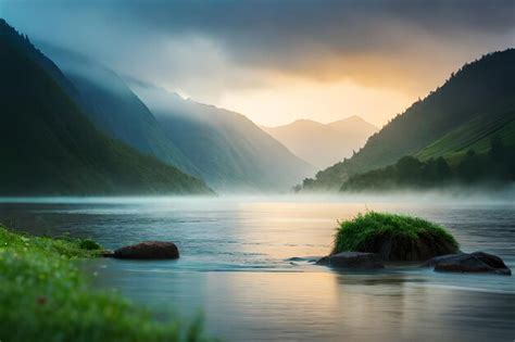 Premium AI Image | a misty sunrise in the mountains