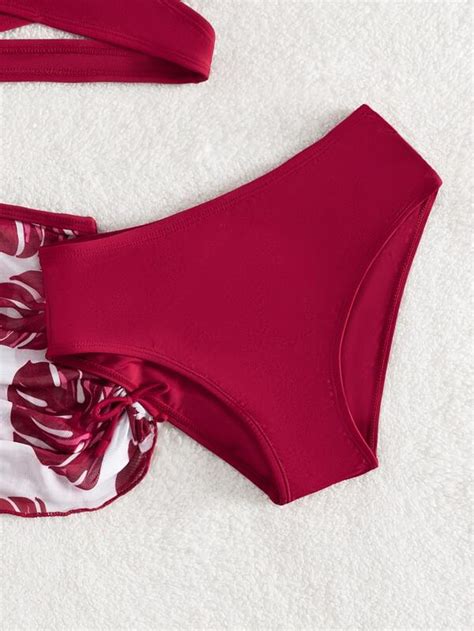 Chicas Bañador bikini cruzado con estampado tropical con falda de playa