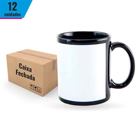 Caneca Preta em Cerâmica Tarja Branca para Sublimação 325ml 12