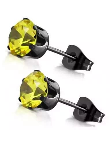 Paire Boucles D Oreilles Homme Femme Acier Noir Zircon Rond Jaune Mm