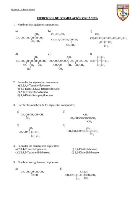 Pdf Ejercicios De FormulaciÓn OrgÁnica · Química 2º Bachillerato 6 Formular Los Siguientes