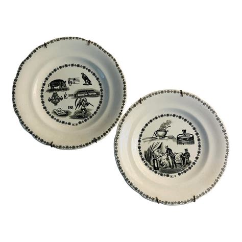 Antique Gien France Pottery Rebus Plates - Set of 2 | Chairish