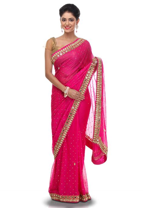 Embroidered Chiffon Saree In Fuchsia Seh710