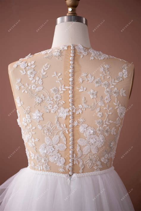 Illusion Neck Romantic Beaded Flower Lace Shimmery Wedding Dress